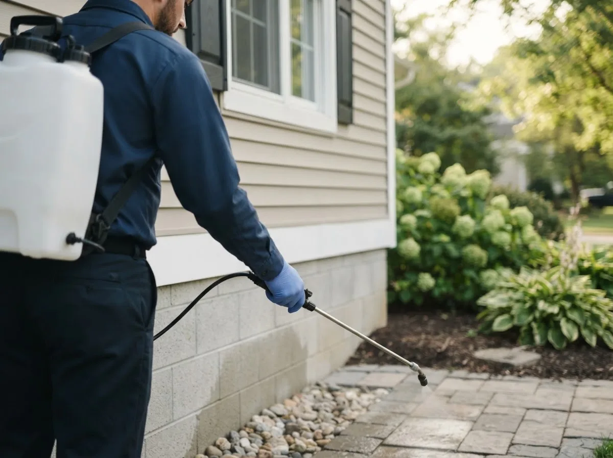 Pest control technician inspecting a home in Oyens, IA